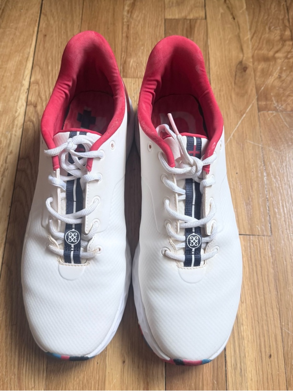 G/FORE White Golf Sneakers with Red Lining and Navy Accents